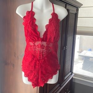 Red lace one piece bodysuit never worn